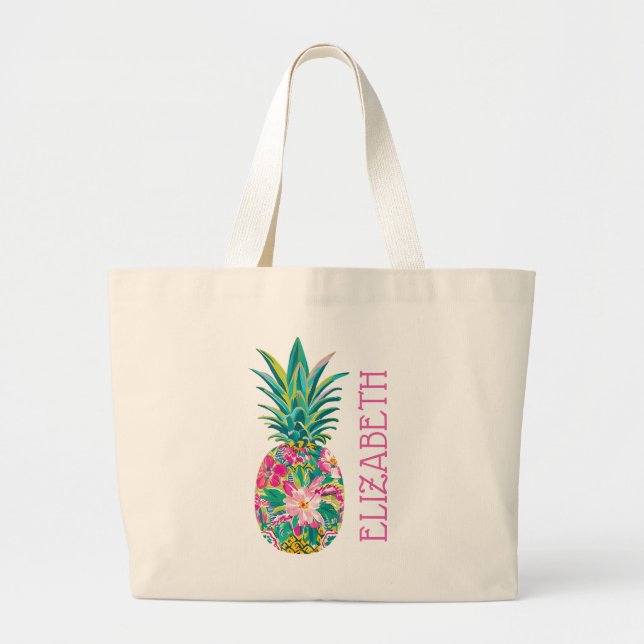 Grand Tote Bag Tropical rose et vert floral Ananas (Devant)