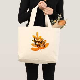 Grand Tote Bag Typographie De L'Action De Grâce Avec Feuille D'Au