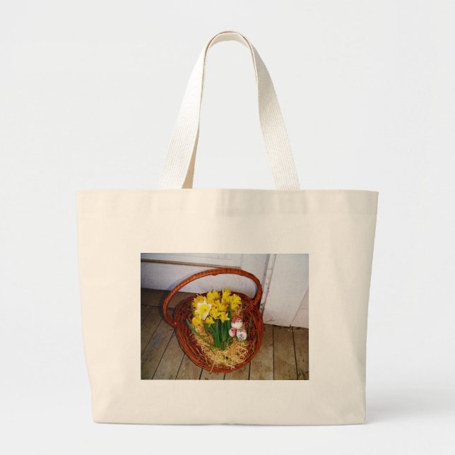 Grand Tote Bag Un panier de jonquilles jaunes et d'oeufs de Pâque (Devant)