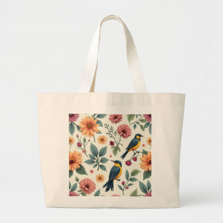 Grand Tote Bag une image de jolies fleurs et oiseaux