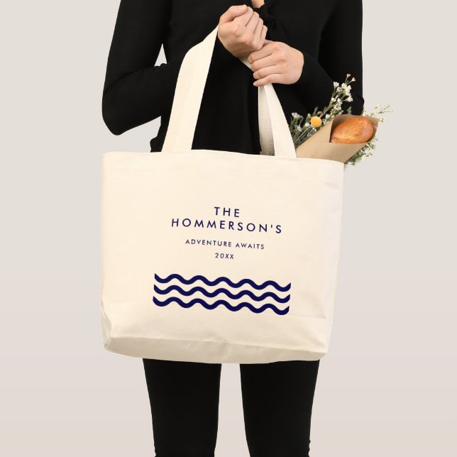 Grand Tote Bag Vacances d'été en famille Marine Blue Nautical Wav (Devant (produit))