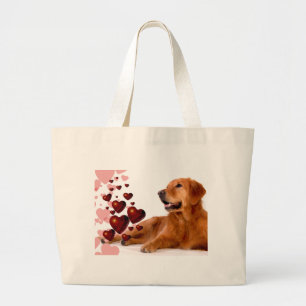Grand Tote Bag Valentine Red Hearts Golden Retriever Chien