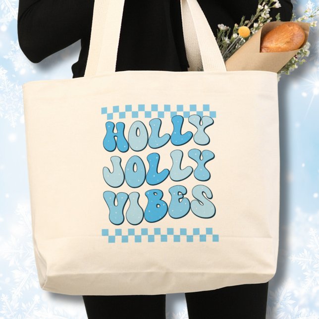 Grand Tote Bag Vibes de Holly Jolly, Noël rétro (Holly Jolly Vibes Retro Christmas Design Blue)
