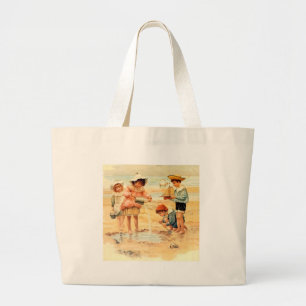 Grand Tote Bag Vintage Antique Beach Boy Girl Enfants Art