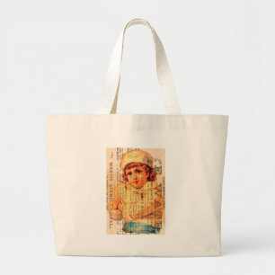 Grand Tote Bag Vintage fille avec colombe et annonces