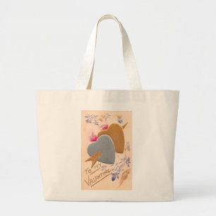 Grand Tote Bag Vintage Silver & Gold Hearts Valentine Postcard