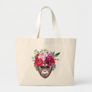 Grand Tote Bag Visage de singe de fleur