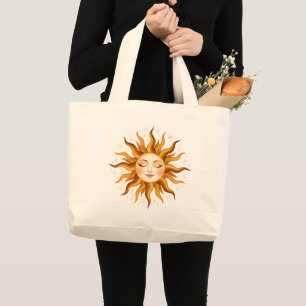 Grand Tote Bag Visage de Soleil Céleste Art Bohème Vintage