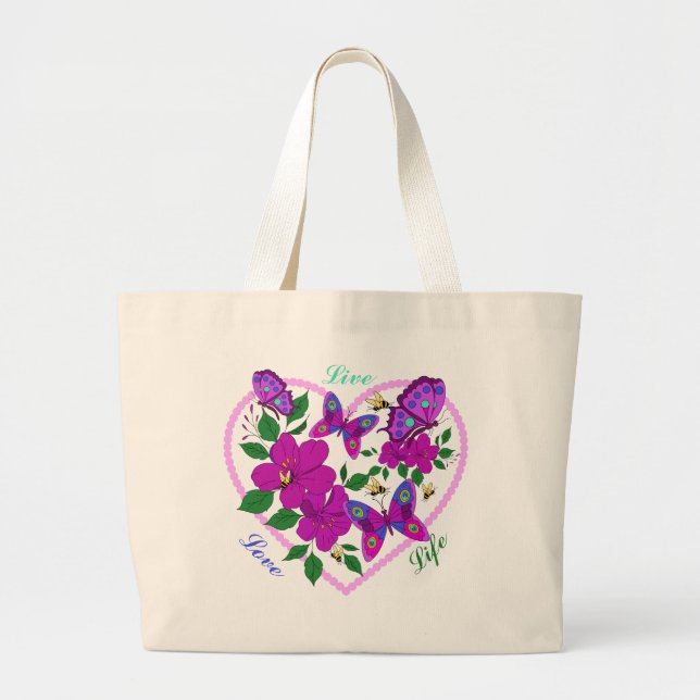 Grand Tote Bag Vivre Amour Coeurs de vie Papillons et abeilles In (Devant)