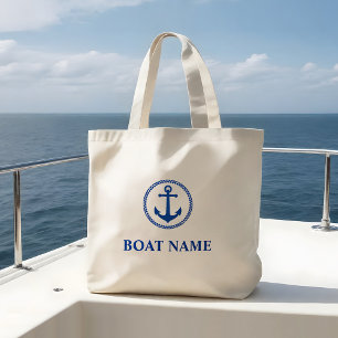 Grand Tote Bag Votre ancre flottante bleue de nom de bateau