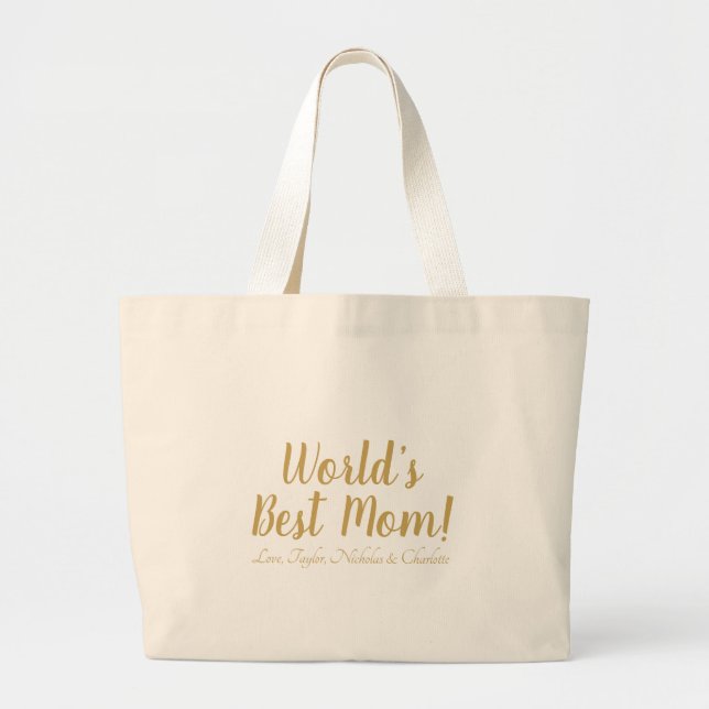 Grand Tote Bag World’s Best Mom gold custom script mignon (Devant)