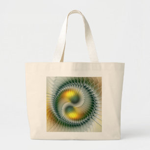 Grand Tote Bag Yin Yang Vert Jaune Abstrait Fractal Coloré