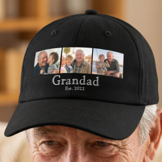 Grandad Est. Minimal White Bold Text 3 Photo Black Trucker Hat
