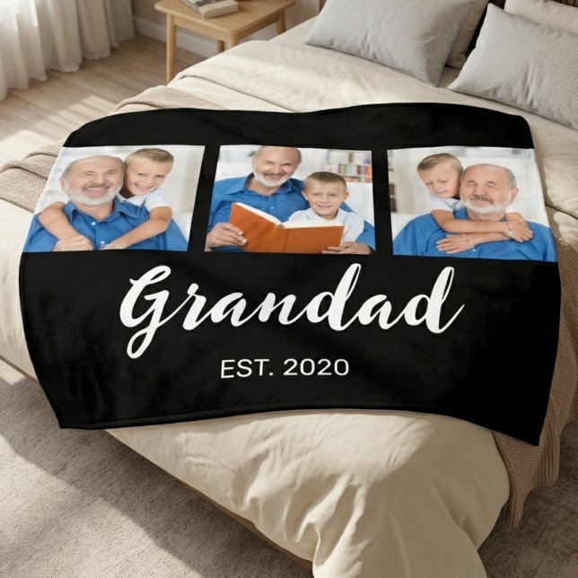 Grandad Established Elegant Script 3 Photo Black Fleece Blanket (Creator Uploaded)