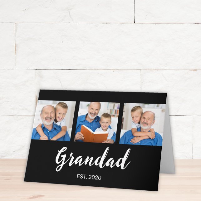 Grandad Established Modern Script 3 Photo Black Card (Creator Uploaded)
