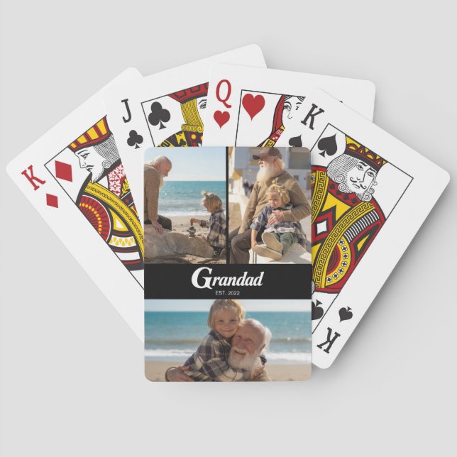 Grandad Established Modern Script 3 Photo Playing Cards (Back)