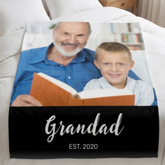 Grandad Established Modern Script Photo Black Fleece Blanket (Creator Uploaded)