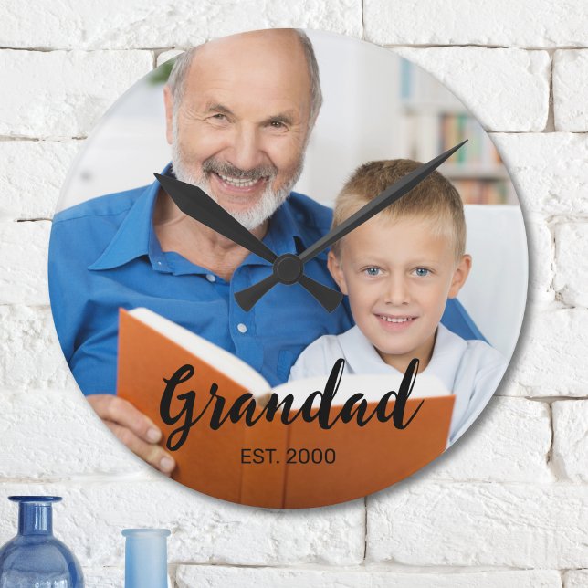 Grandad Established Modern Script Photo Round Clock (Creator Uploaded)