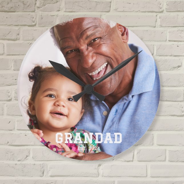 Grandad Established Modern White Bold Photo Round Clock (Creator Uploaded)