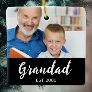 Grandad Established White Script Photo Black  Ceramic Ornament