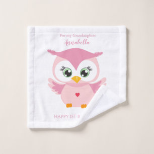 Grandaughter First Birthday Cute Pink Owl Wash Cloth
