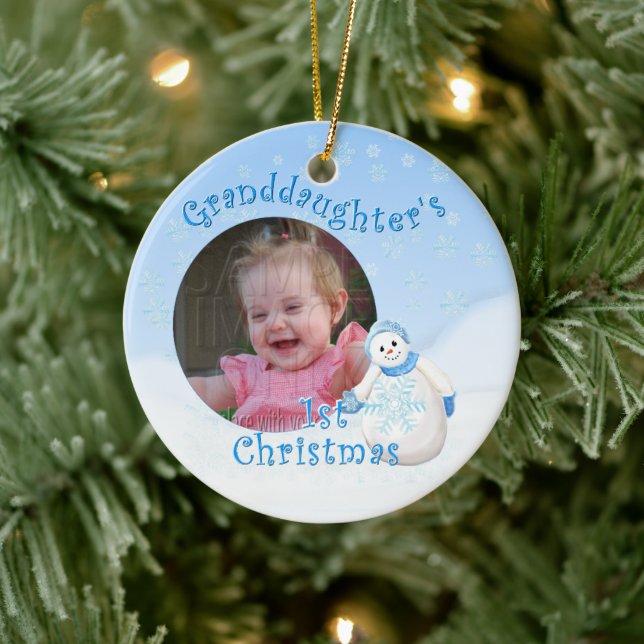 Grandaughter's 1st Christmas Snowman Round Photo Ceramic Ornament (Tree)