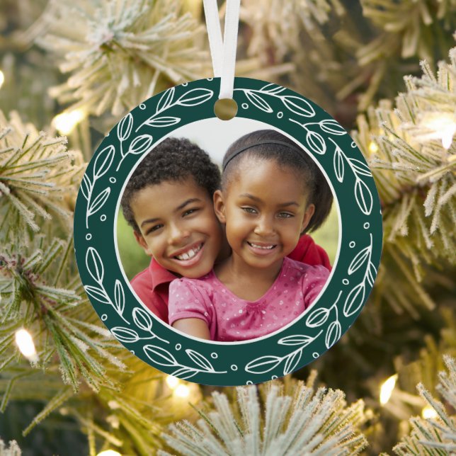 Grandchildren Festive Green Custom Holiday Photo Metal Ornament (Insitu)