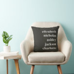 Grandchildren Names Black Modern Trendy Gift Throw Pillow<br><div class="desc">Brighten up any space with this stunning Black Throw Pillow, featuring modern, bold typography that proudly displays the names of cherished grandchildren. This trendy design blends contemporary style with heartfelt sentiment, making it a perfect gift for grandparents. Whether displayed on a couch, bed, or favourite chair, this personalized keepsake is...</div>