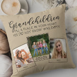 Grandchildren Poem 3 Photo Collage Beige Throw Pillow<br><div class="desc">Custom photo pillow for grandparents or grandchildren. The poem reads "grandchildren fill a place in your heart you did not know was empty" and is lettered with elegant calligraphy and whimsical uppercase typography. The photo template is set up for you to add 3 of your favourite pictures, which are displayed...</div>