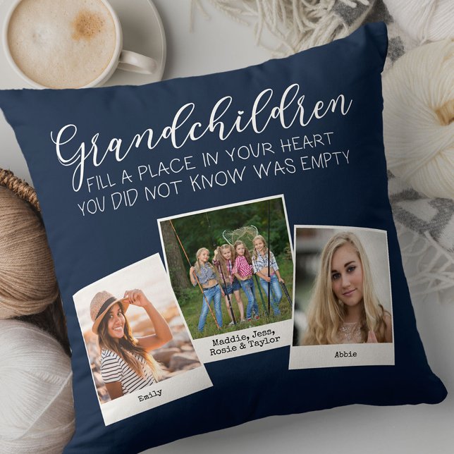 Grandchildren Poem 3 Photo Collage Navy Blue Throw Pillow (Creator Uploaded)