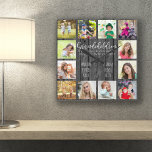 Grandchildren Quote 12 Photo Grey Wood Square Wall Clock<br><div class="desc">Photo clock for grandparents with 12 of your favourite pictures. Create your own grid style photo collage and add the grandchildren's names (2 to 8 names looks best). The wording reads "Grandchildren fill a place in your heart you did not know was empty" in hand lettered quirky uppercase and elegant...</div>