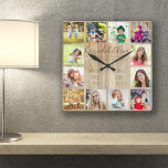 Grandchildren Quote 12 Photo Wood Custom Square Square Wall Clock<br><div class="desc">Photo clock for grandparents with 12 of your favourite pictures. Create your own grid style photo collage and add the grandchildren's names (2 to 8 names looks best). The wording reads "Grandchildren fill a place in your heart you did not know was empty" in hand lettered quirky uppercase and elegant...</div>