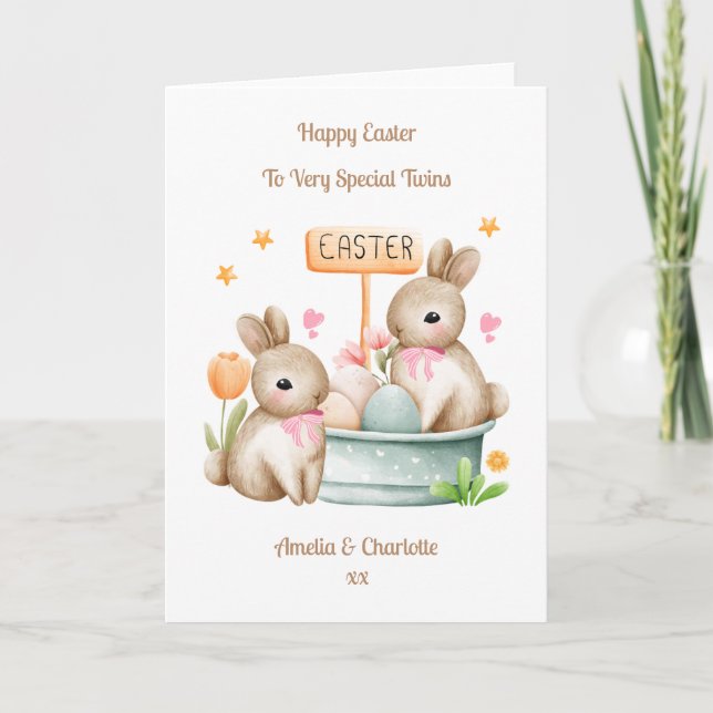Grandchildren Twin Girls Easter Bunny Rabbit Card (Front)