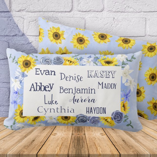 Grandchildren's Names Mother's Day Sunflower Blue Lumbar Pillow (Personalized throw pillow for grandma with grandkid's names. Sunflowers and dusty blue colors.)