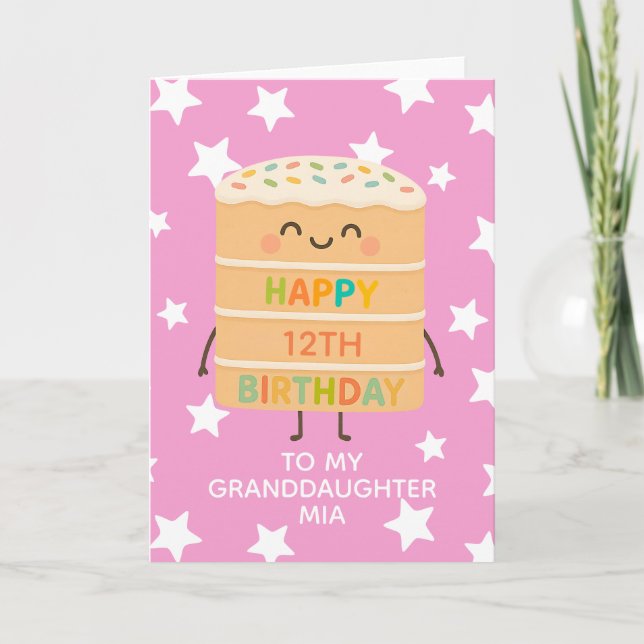 Granddaughter 12th Birthday Pink Cute Cake Custom Card (Front)