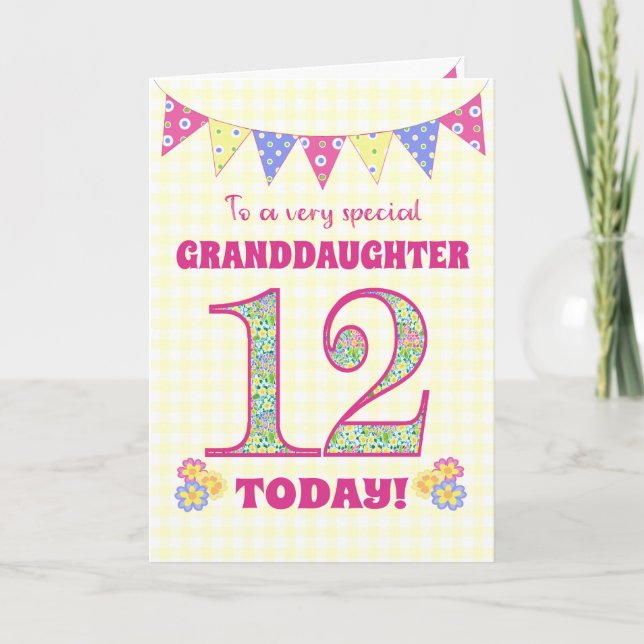 Granddaughter 12th Birthday Primroses Bunting Card (Front)