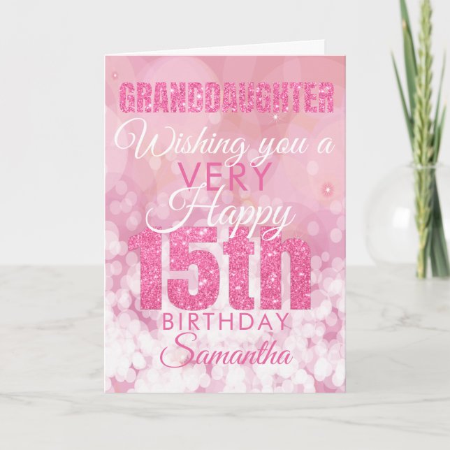 Granddaughter 15th Girly Pink Glitter Birthday Card (Front)