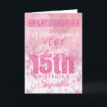 Granddaughter 15th Girly Pink Glitter Birthday Card<br><div class="desc">A gorgeous pink glitter effect15th birthday card. This feminine girly design is the perfect way to wish your granddaughter a 'a very happy 15th birthday'. Personalize with our own custom name and message. Pink and white typography on a bubble effect background.</div>