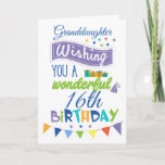 Granddaughter 16th Birthday Greetings Card<br><div class="desc">Wishing your granddaughter a wonderful birthday in style. This bright and colourful card is suitable for a wide range of ages - and the age number can be changed. Features cute typography in a mix of blue, purple and green colours. Small gifts, pennants and stars add to the birthday celebration....</div>