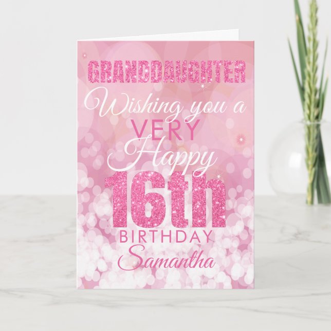 Granddaughter 16th Girly Pink Glitter Birthday Card (Front)