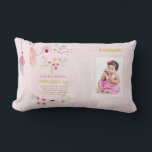 Granddaughter 1st Birthday PHOTO and POEM Gift Lumbar Pillow<br><div class="desc">Pretty watercolor flowers and feathers adorn this pretty pink and white striped decorative keepsake gift for girls. There is a photo template field to add a photo and four template text fields all of which can be edited to suit any occasion, including 1st Birthday, Baptism, Christening, New Baby, Holy Communion,...</div>