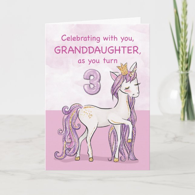 Granddaughter 3rd Birthday Pink Horse With Crown Card (Front)