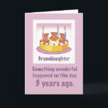 Granddaughter 3rd Birthday Teddy Bears Candles and Card<br><div class="desc">Purple fonts a lilac background and of course,  a big yellow cake with strawberries and three cute teddy bears are holding candles. A delightful card for wishing your Granddaughter a wonderful 3rd birthday.</div>