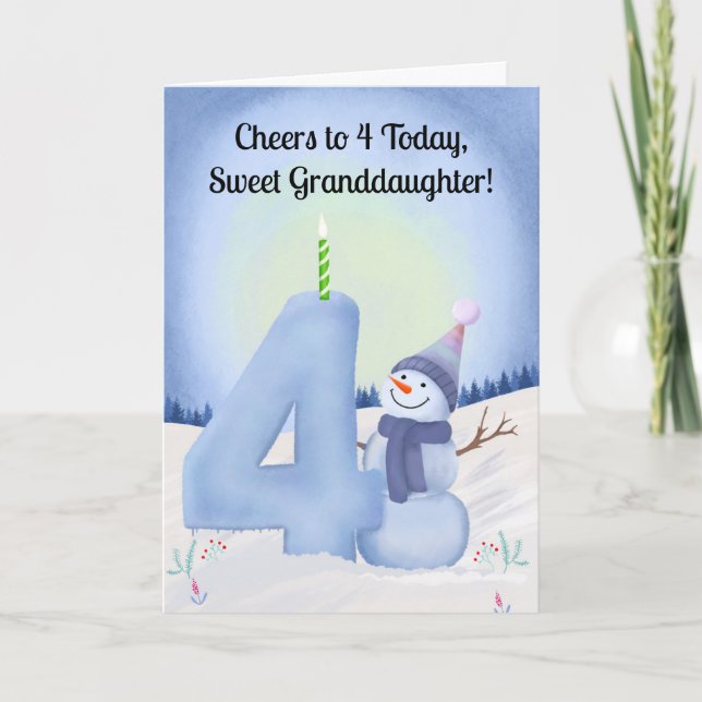 Granddaughter 4th Birthday Snowman with Snowy Four Card (Front)