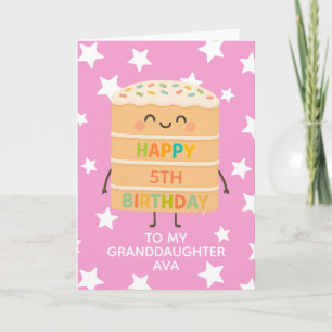 Granddaughter 5th Birthday Pink Cute Cake Custom Card