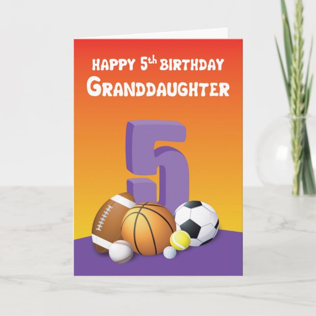 Granddaughter 5th Birthday Sports Balls Card (Front)