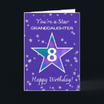 Granddaughter 8th Birthday Shining Star Purple Card<br><div class="desc">Send big birthday cheer to your 8-year-old granddaughter with a design that’s bursting with colour and joy! A large star in the centre, glowing with watercolor shades of blue, green, pink, and purple, shines brightly against a soft periwinkle sky. Surrounded by lightly textured mini stars, this playful layout feels as...</div>