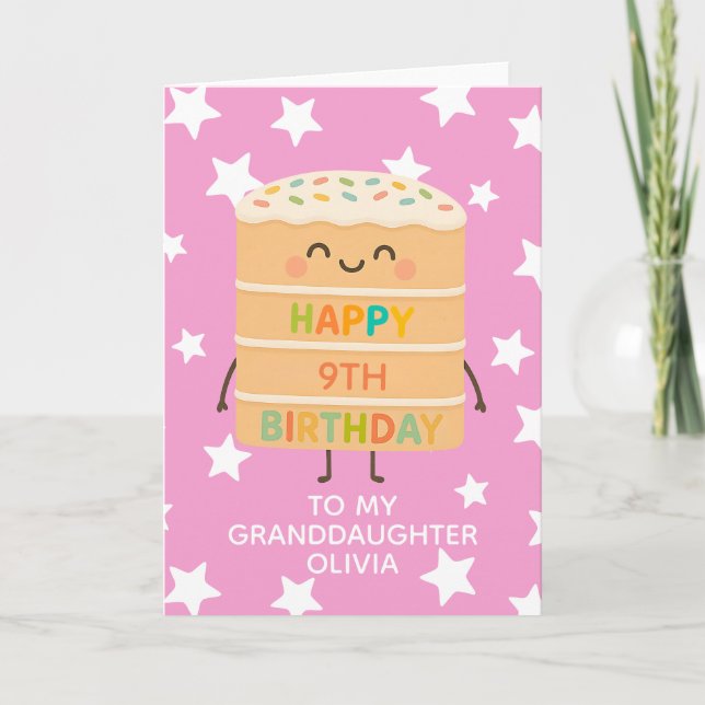 Granddaughter 9th Birthday Pink Cute Cake Custom Card (Front)