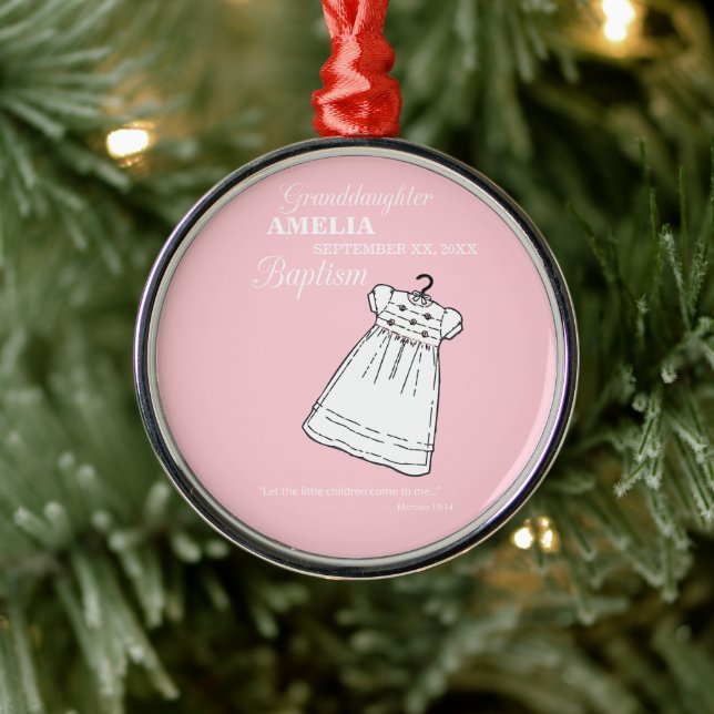 Granddaughter, Baptism Gown on Pink Personalized Metal Ornament (Tree)