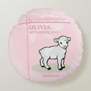 Granddaughter Baptism Pink Girl Lamb Name and Date Round Pillow